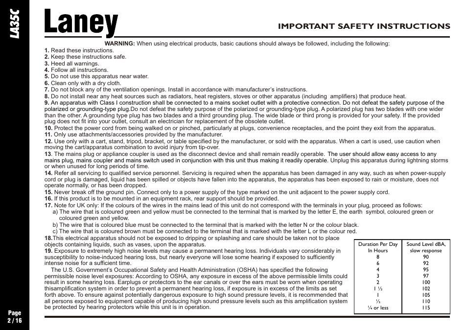Important safety instructions | Laney LA35C User Manual | Page 2 / 16