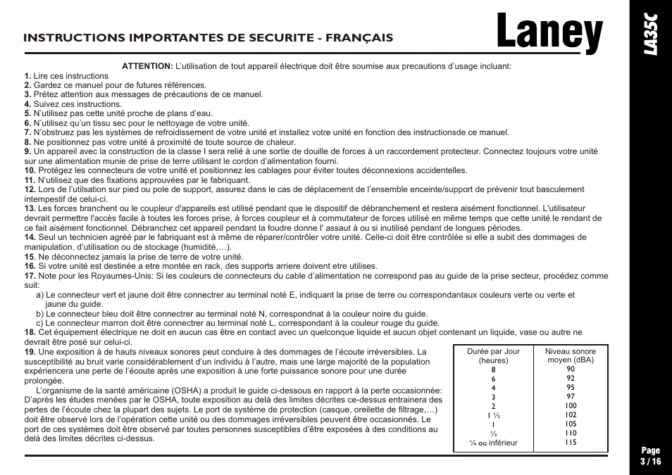 Instructions importantes de securite - français | Laney LA35C User Manual | Page 3 / 16