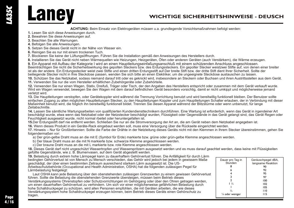 Wichtige sicherheitshinweise - deusch | Laney LA35C User Manual | Page 4 / 16