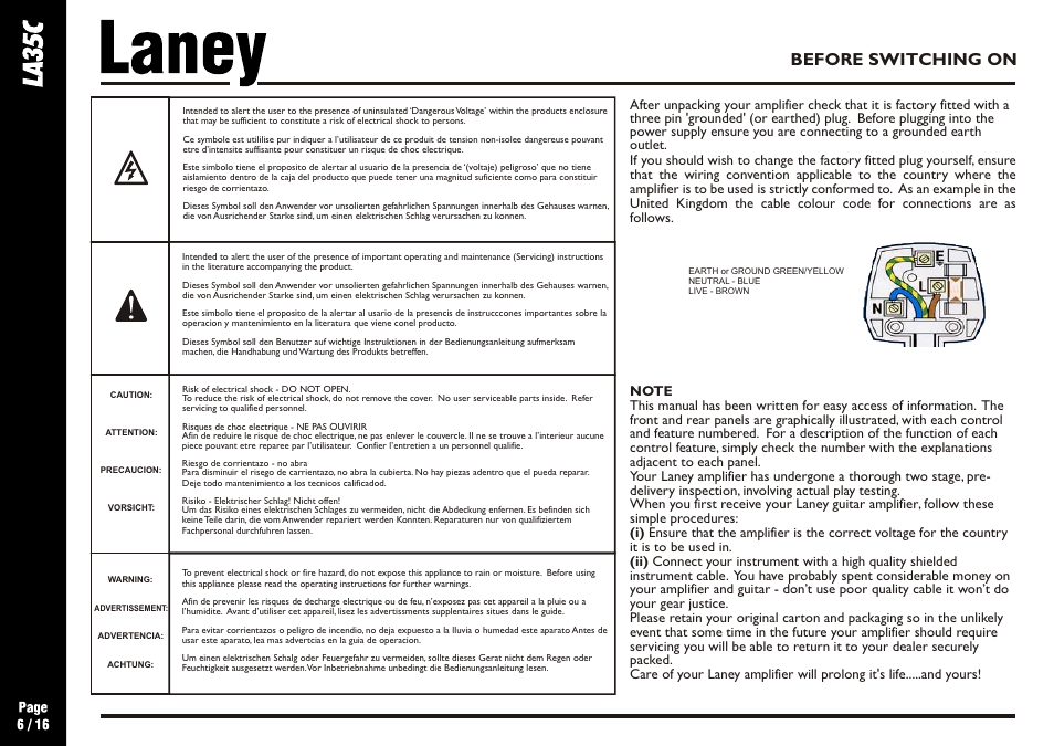 Before switching on | Laney LA35C User Manual | Page 6 / 16