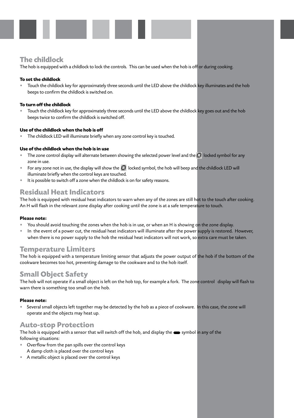 The childlock, Residual heat indicators, Temperature limiters | Small object safety, Auto-stop protection | CDA HCN610 User Manual | Page 6 / 16