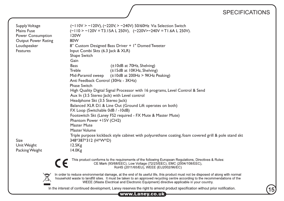 15 specifications | Laney A1 User Manual | Page 15 / 16