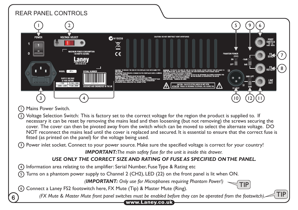 6rear panel controls | Laney A1 User Manual | Page 6 / 16