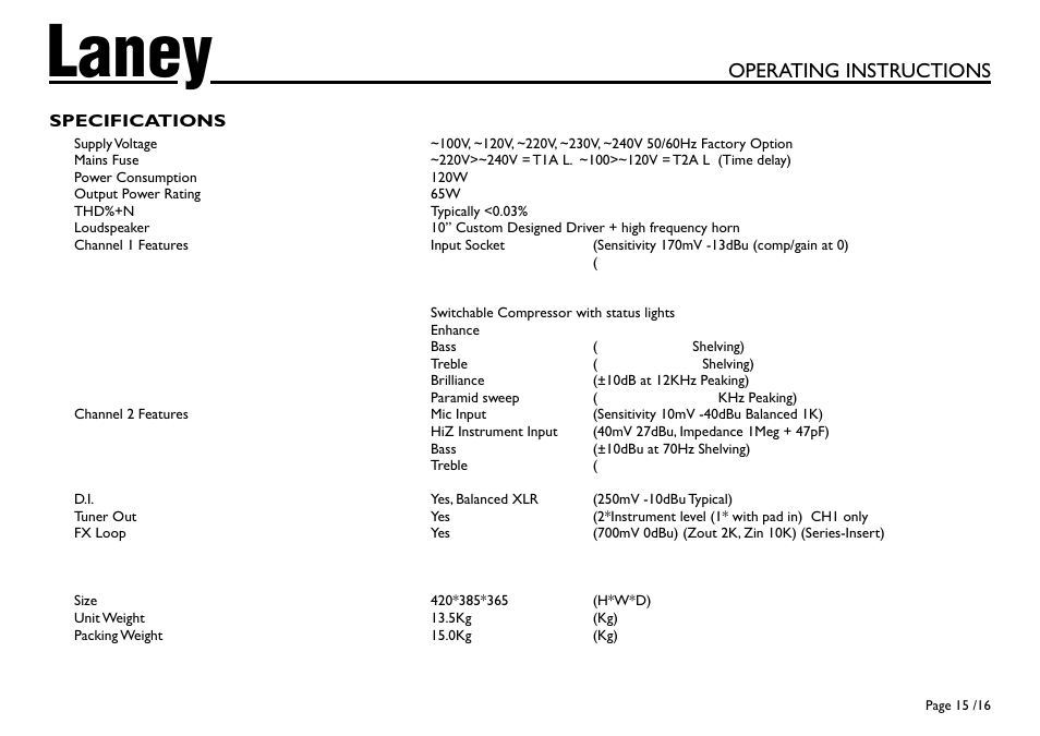 Laney, Operating instructions, Specifications | Block diagram | Laney A1 User Manual | Page 15 / 16
