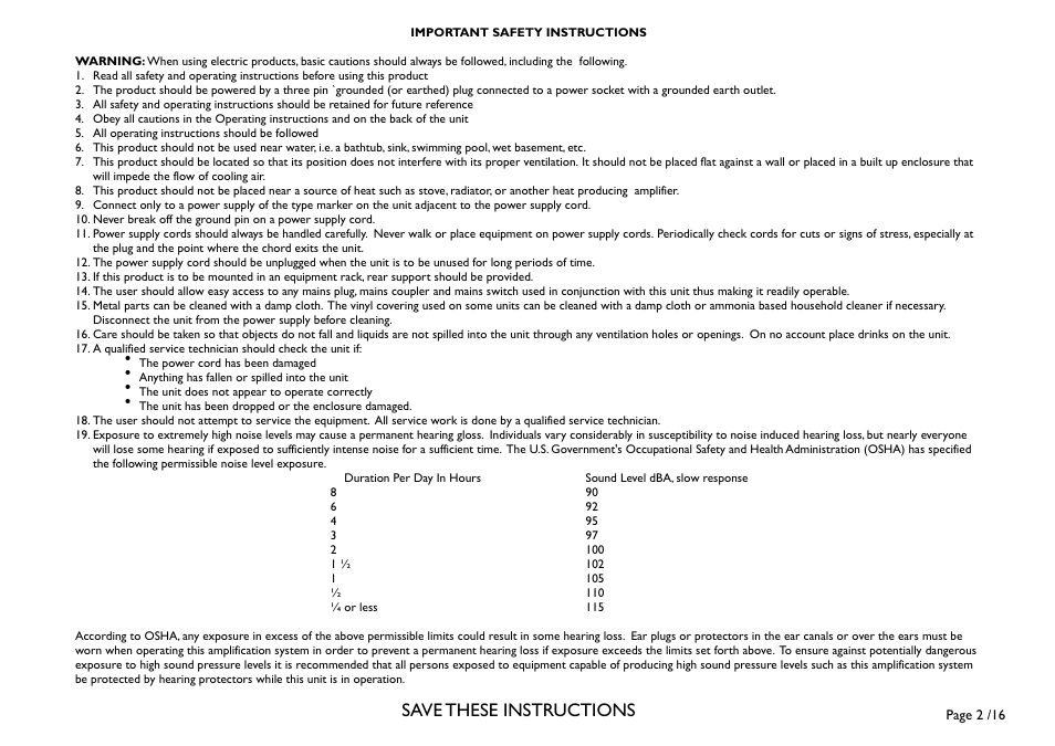 Save these instructions | Laney A1 User Manual | Page 2 / 16