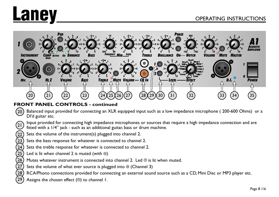 Laney, Pin 1 = gnd pin 2 = hot pin 3 = cold, Operating instructions | Input/output jacks | Laney A1 User Manual | Page 8 / 16