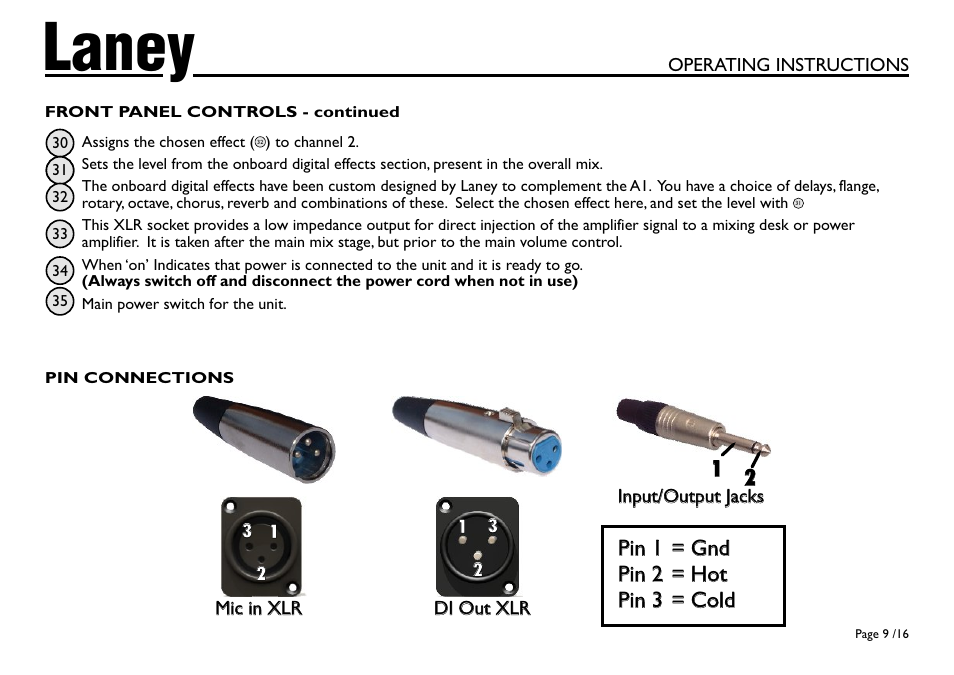 Laney, Pin 1 = gnd pin 2 = hot pin 3 = cold, Operating instructions | Input/output jacks | Laney A1 User Manual | Page 9 / 16