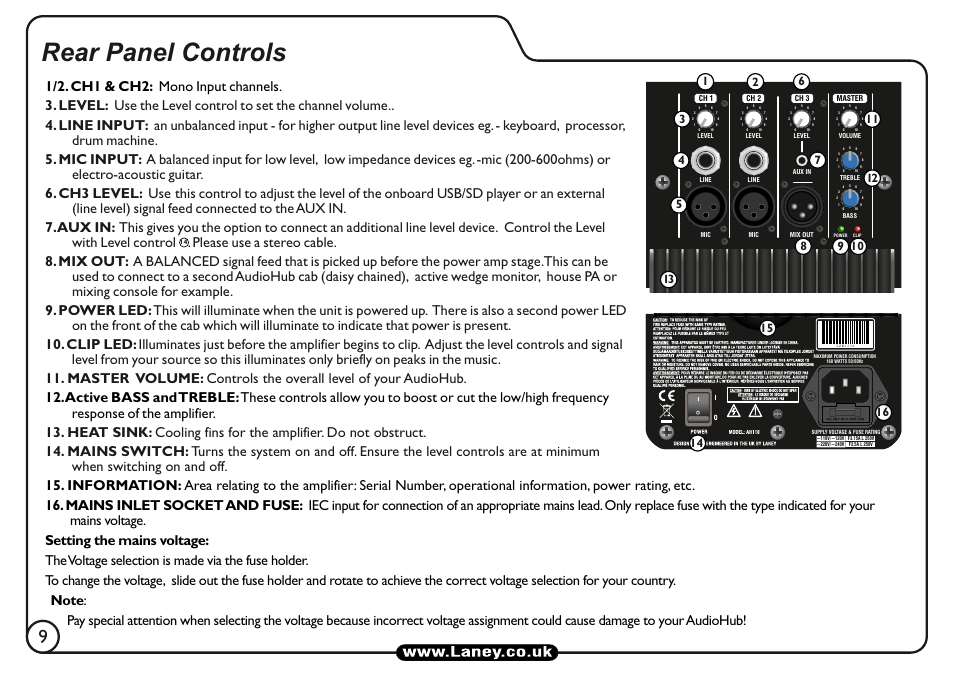 Rear panel controls | Laney AH110 User Manual | Page 10 / 16