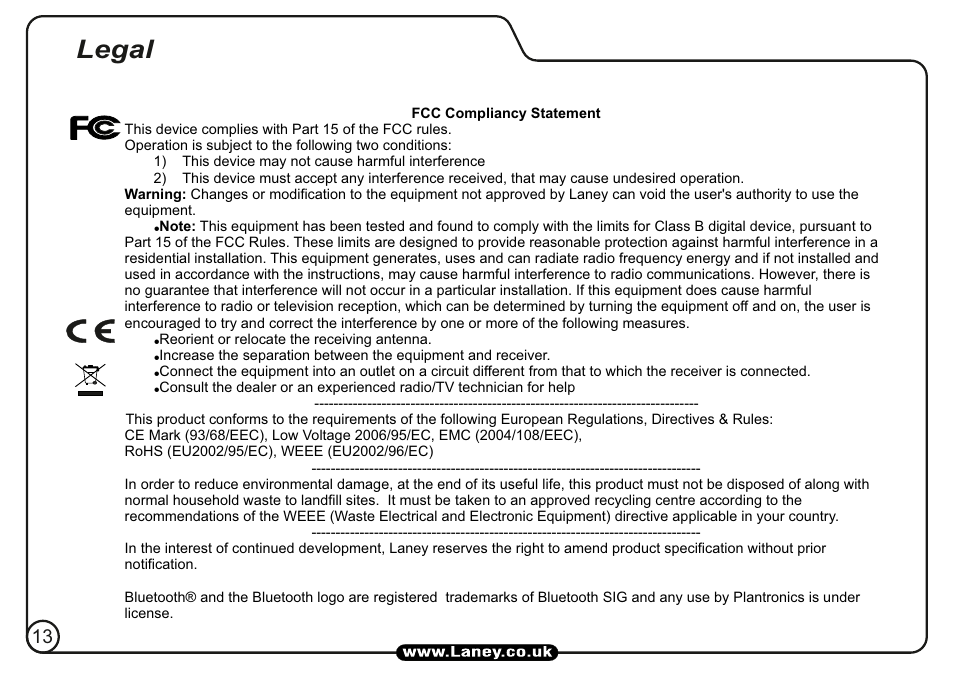 Legal | Laney AH110 User Manual | Page 14 / 16