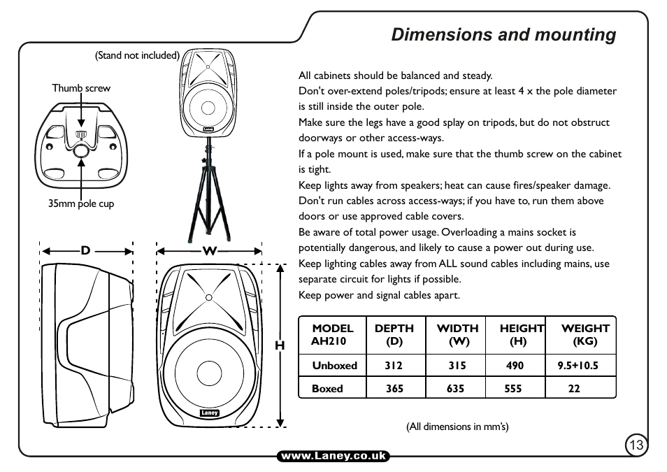Dimensions and mounting | Laney AH210 User Manual | Page 13 / 16