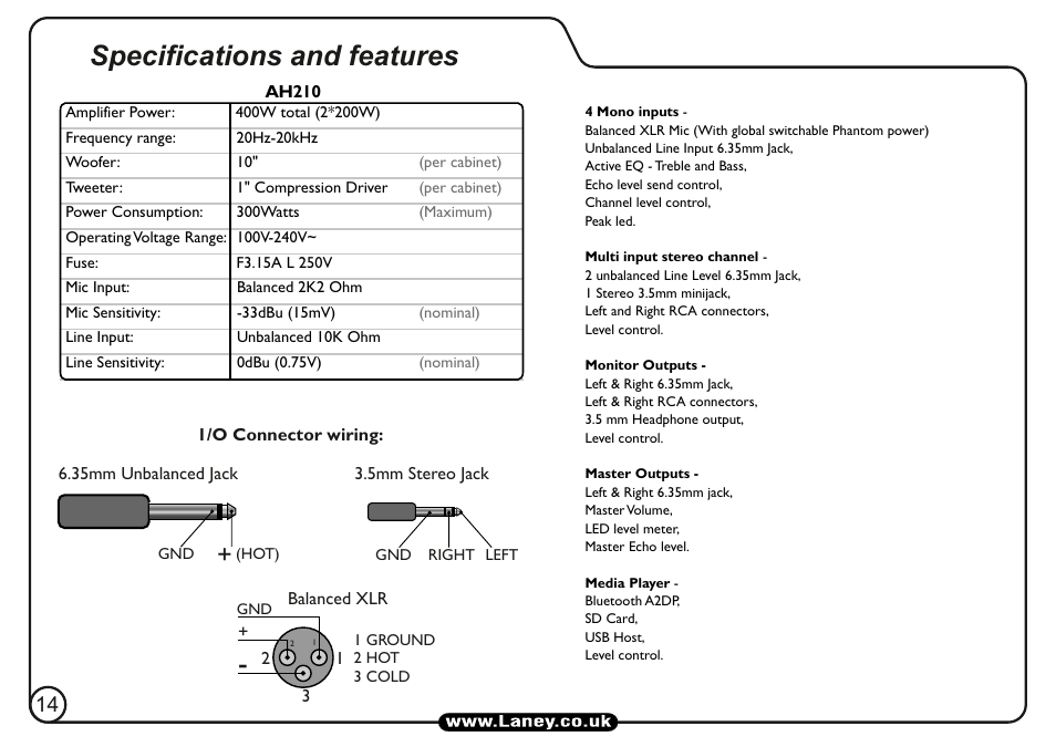 Specifications and features | Laney AH210 User Manual | Page 14 / 16