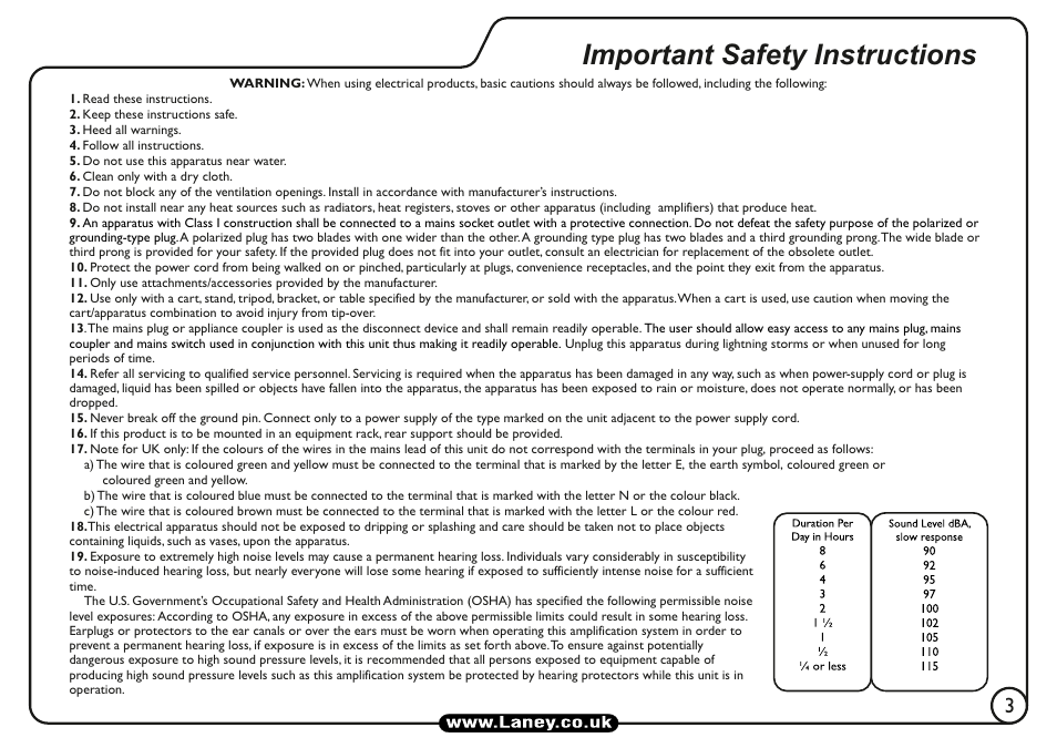 Important safety instructions | Laney AH210 User Manual | Page 3 / 16