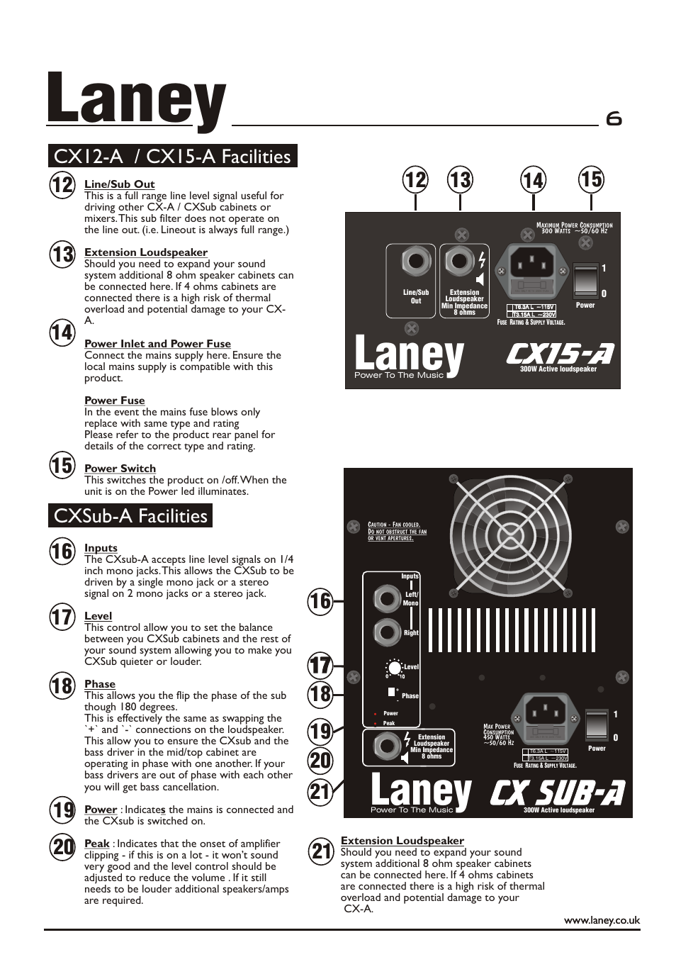 Laney, Cx12-a / cx15-a facilities, Cxsub-a facilities | Laney CX12-A User Manual | Page 6 / 12