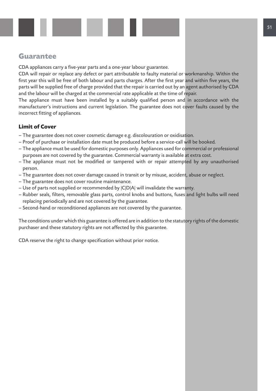 Guarantee | CDA 11Z6 User Manual | Page 51 / 52