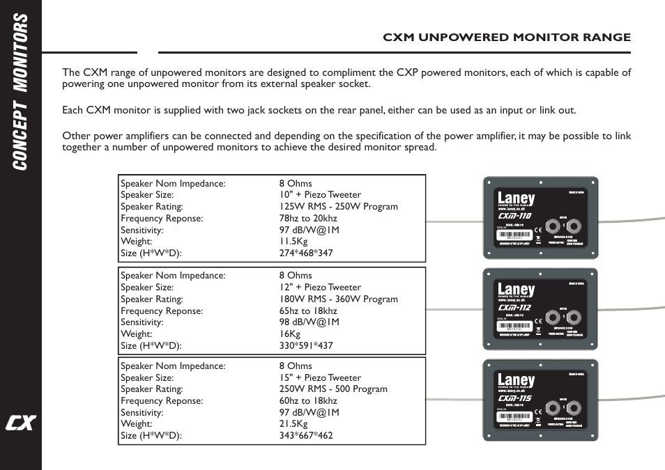 Laney, Concept monitors, Cxm unpowered monitor range | Laney CXM-110 User Manual | Page 10 / 12