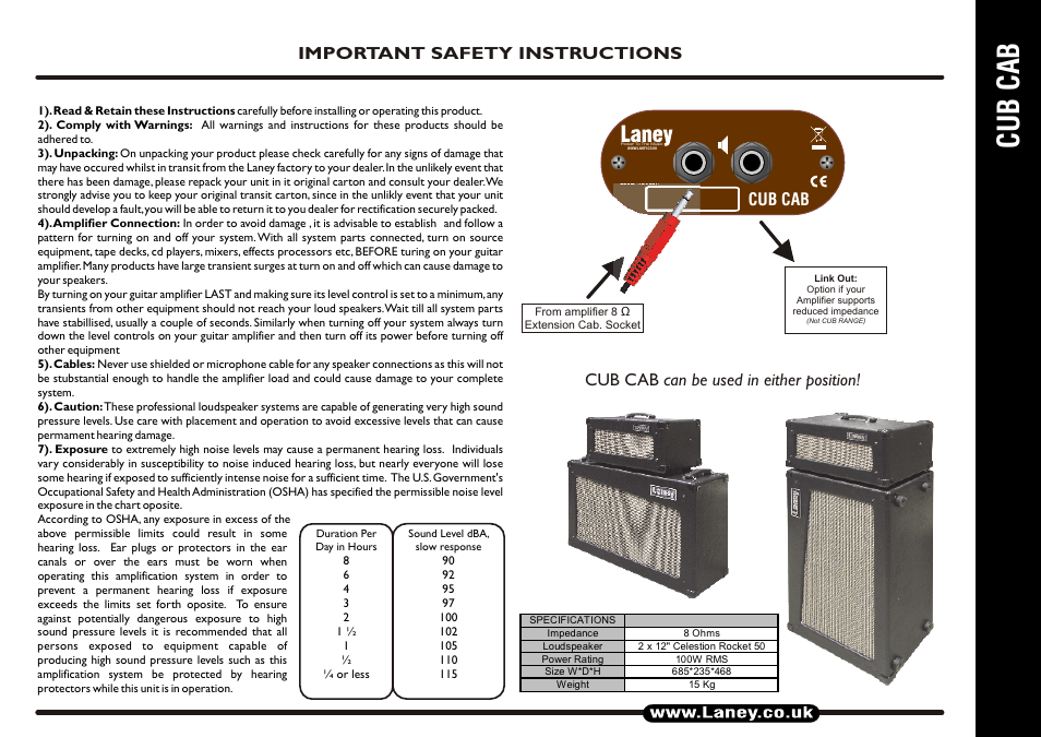 Important safety instructions, Cub cab can be used in either position, Cub cab | Laney CUB-CAB User Manual | Page 3 / 4