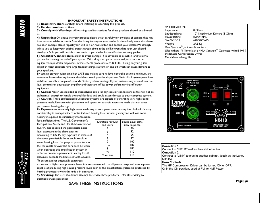 Nx 41 0, Save these instructions, Nx410 | Laney NX410 User Manual | Page 3 / 4