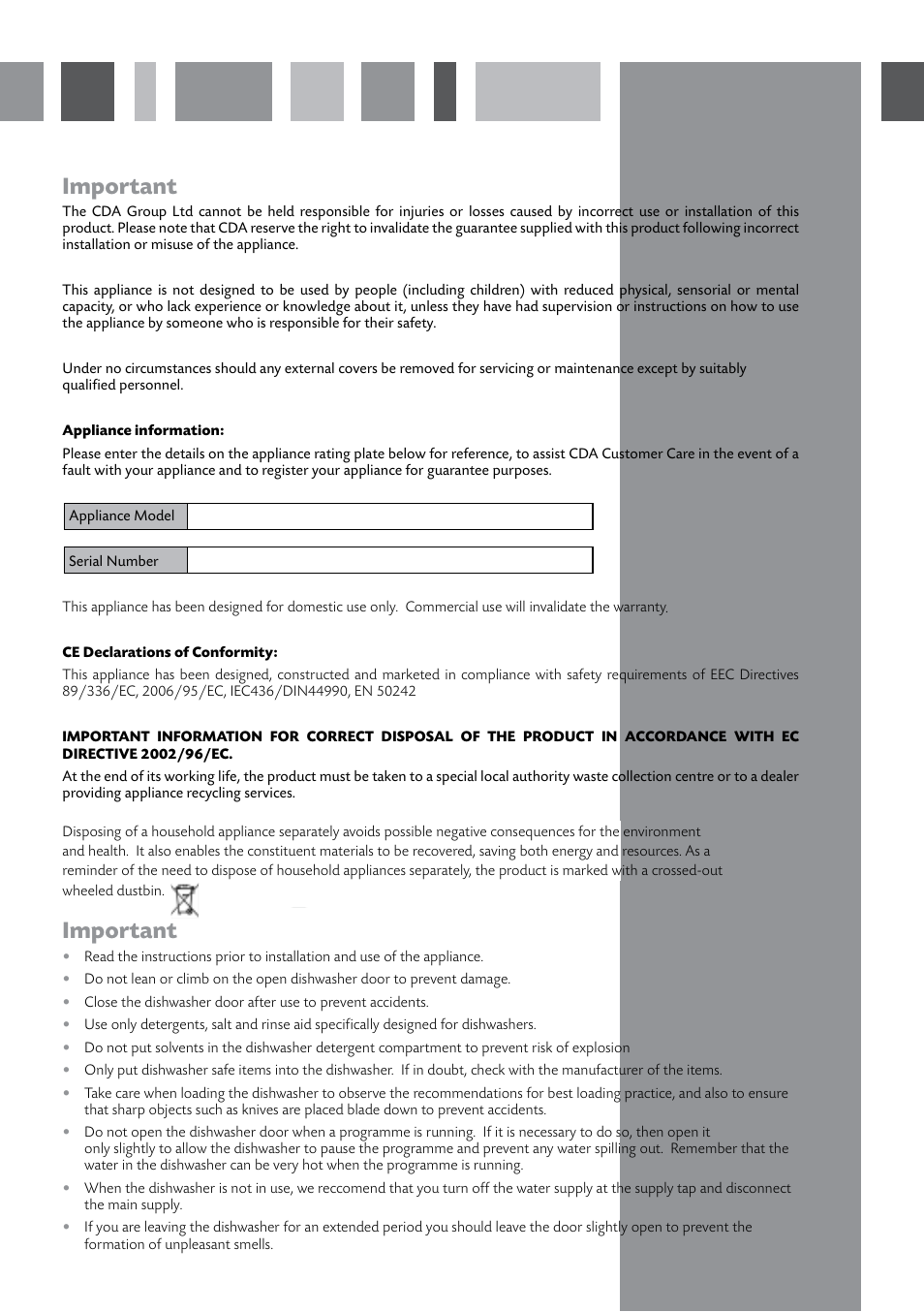 Important | CDA WF140 User Manual | Page 2 / 16