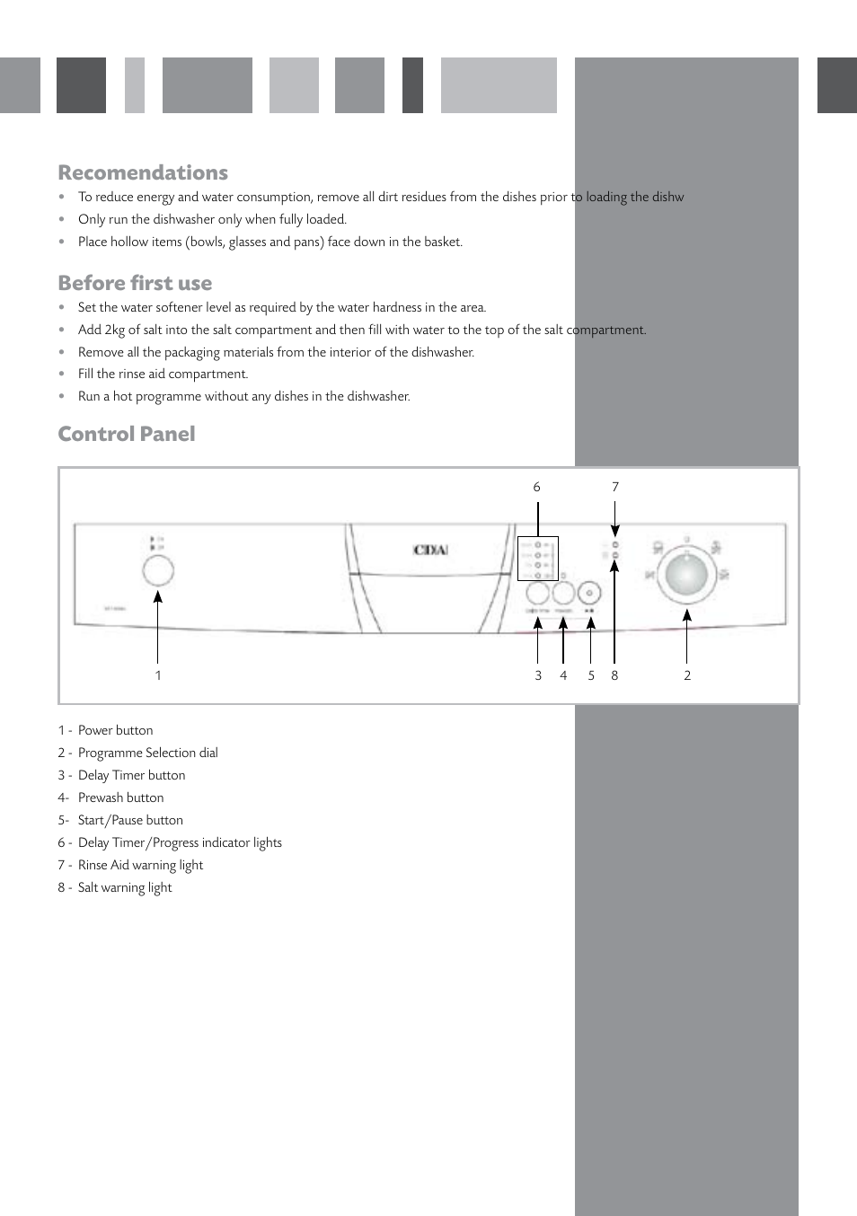 Recomendations, Before first use, Control panel | CDA WF140 User Manual | Page 3 / 16