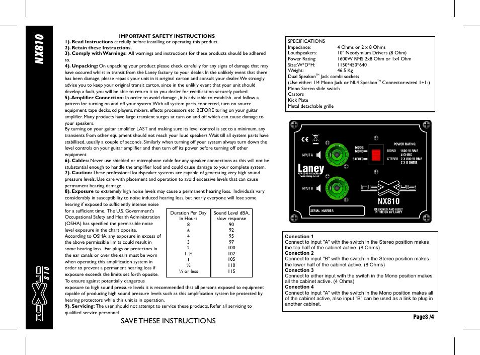 Nx 81 0, Save these instructions | Laney NX810 User Manual | Page 3 / 4