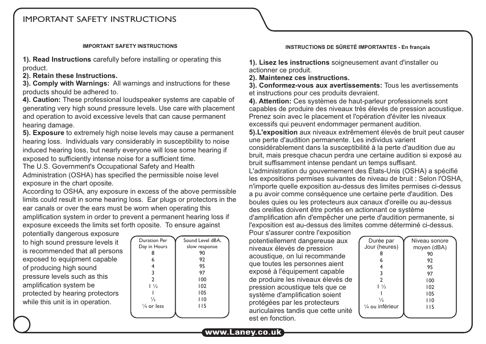 Important safety instructions | Laney RB410 User Manual | Page 2 / 8