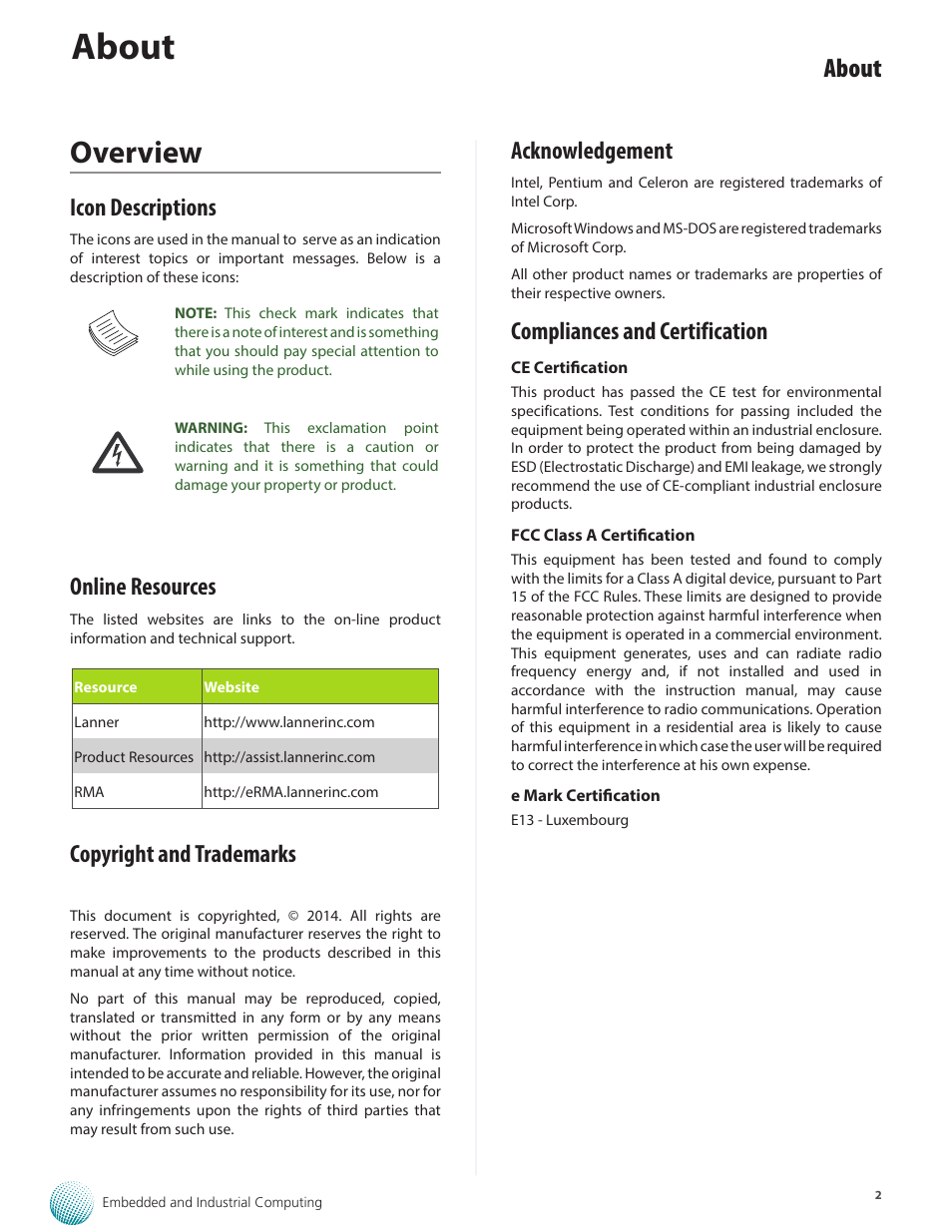 Overview, About, Icon descriptions | Online resources, Copyright and trademarks, Acknowledgement, Compliances and certification | Lanner LVC-2000 User Manual | Page 2 / 39