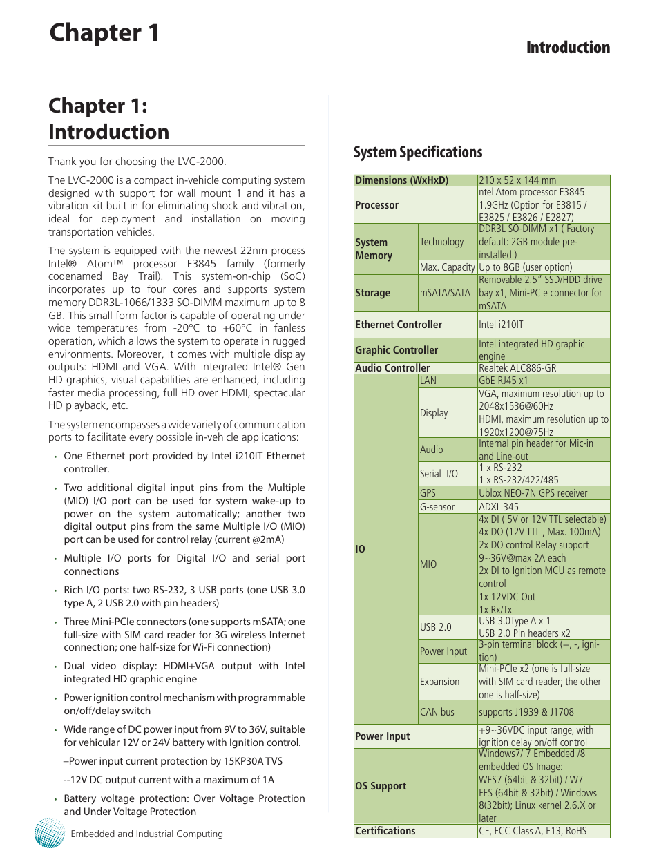 Chapter 1, Chapter 1: introduction, Introduction | System specifications | Lanner LVC-2000 User Manual | Page 5 / 39