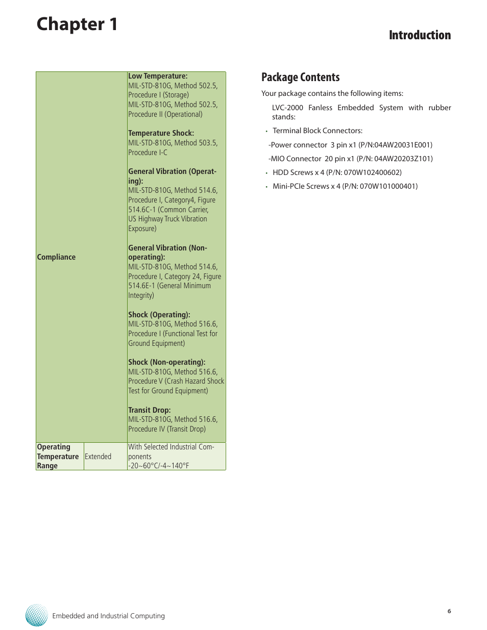 Chapter 1, Introduction, Package contents | Lanner LVC-2000 User Manual | Page 6 / 39