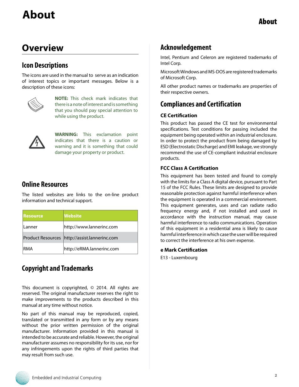 Overview, About, Icon descriptions | Online resources, Copyright and trademarks, Acknowledgement, Compliances and certification | Lanner LVC-5000(N4) User Manual | Page 2 / 42