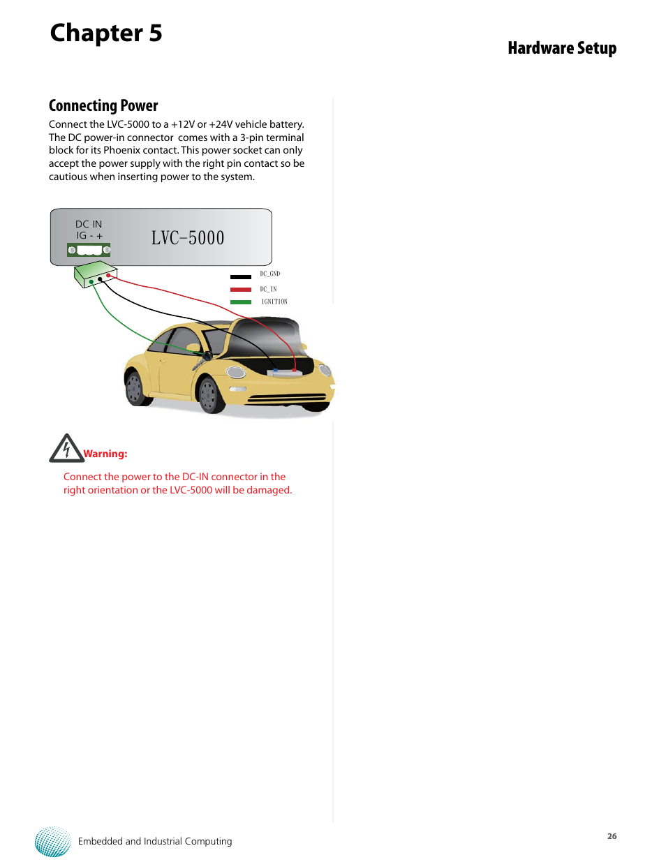 Chapter 5, Hardware setup, Lvc-5000 | Connecting power | Lanner LVC-5000(N4) User Manual | Page 26 / 42