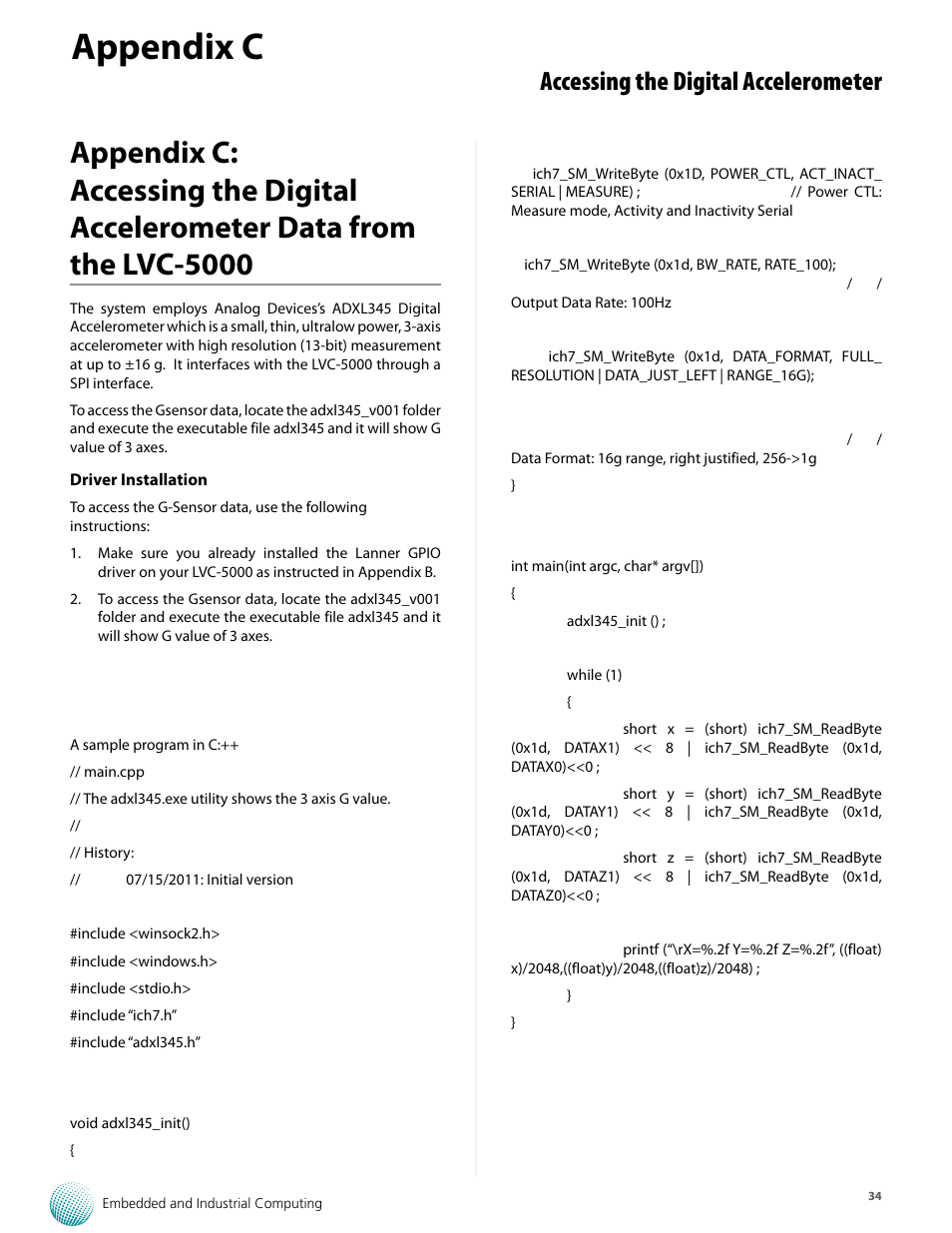 Appendix c, Accessing the digital accelerometer | Lanner LVC-5000(N4) User Manual | Page 34 / 42