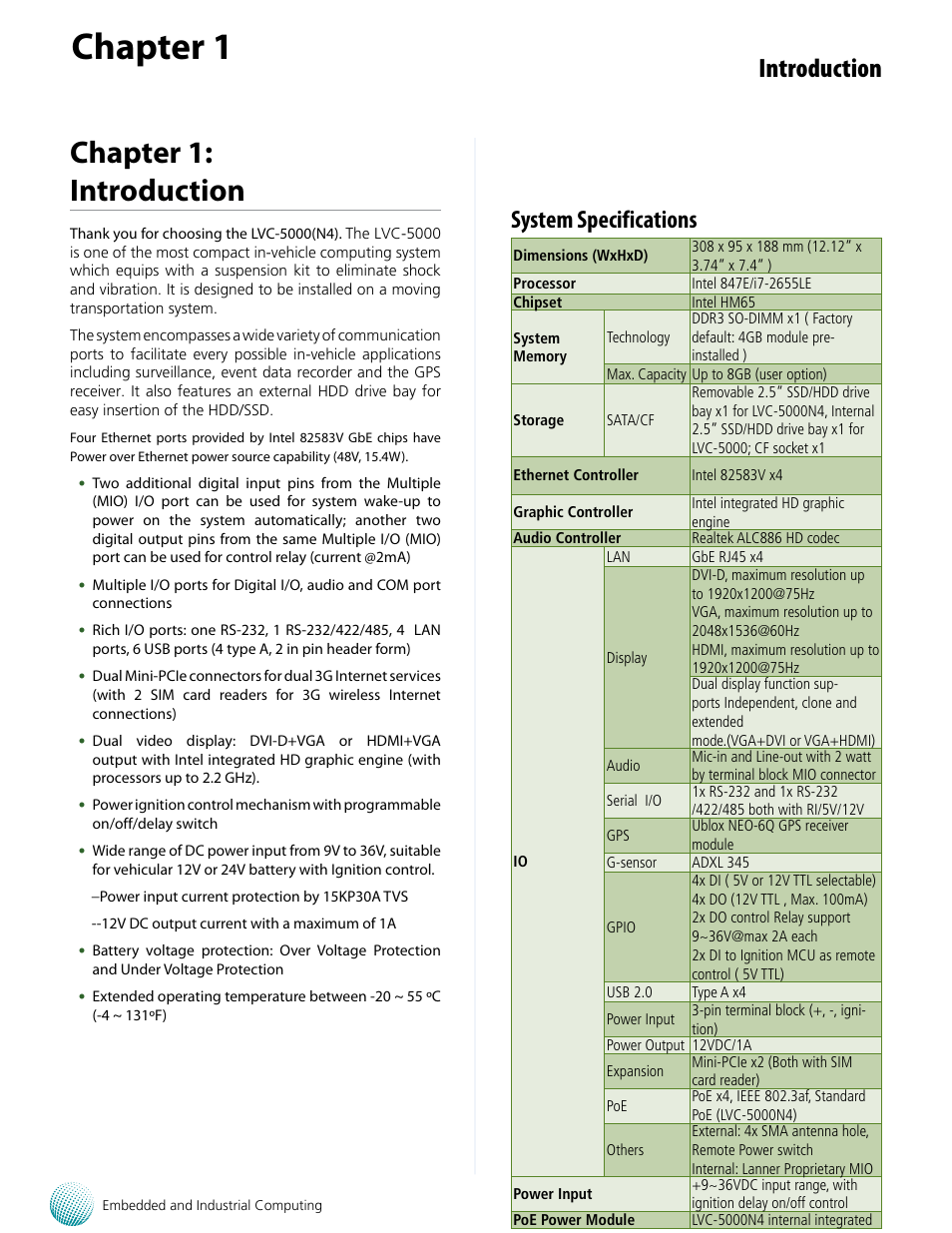 Chapter 1, Chapter 1: introduction, Introduction | System specifications | Lanner LVC-5000(N4) User Manual | Page 5 / 42