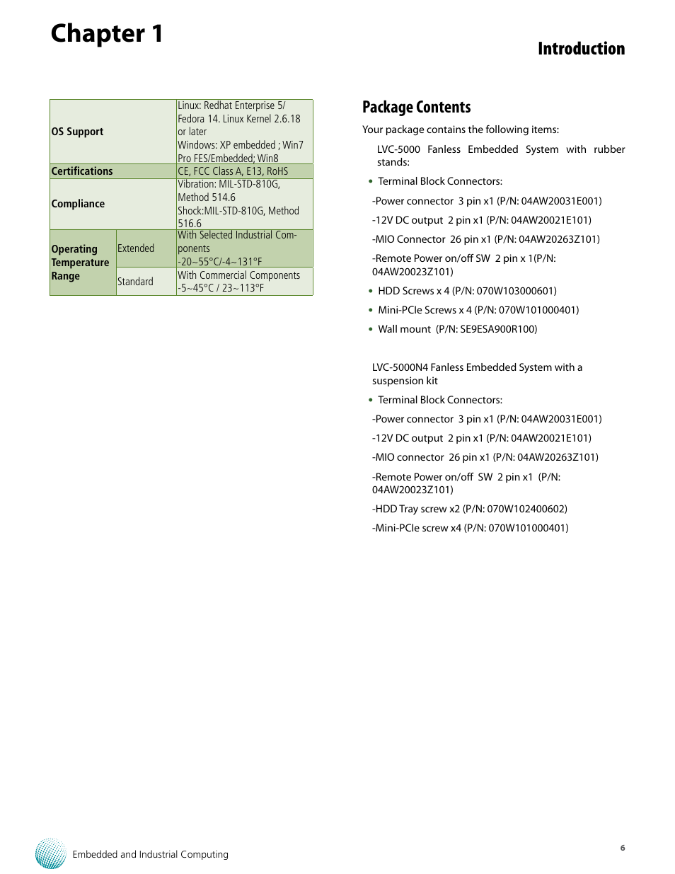 Chapter 1, Introduction, Package contents | Lanner LVC-5000(N4) User Manual | Page 6 / 42