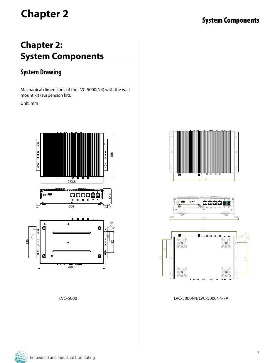 Lvc-5000, Chapter 2, Chapter 2: system components | Features, System components, System drawing, Fanless design with corrugated aluminum, Convenient dc output, Vehicle ignition power management, Modularized and customizable design | Lanner LVC-5000(N4) User Manual | Page 7 / 42