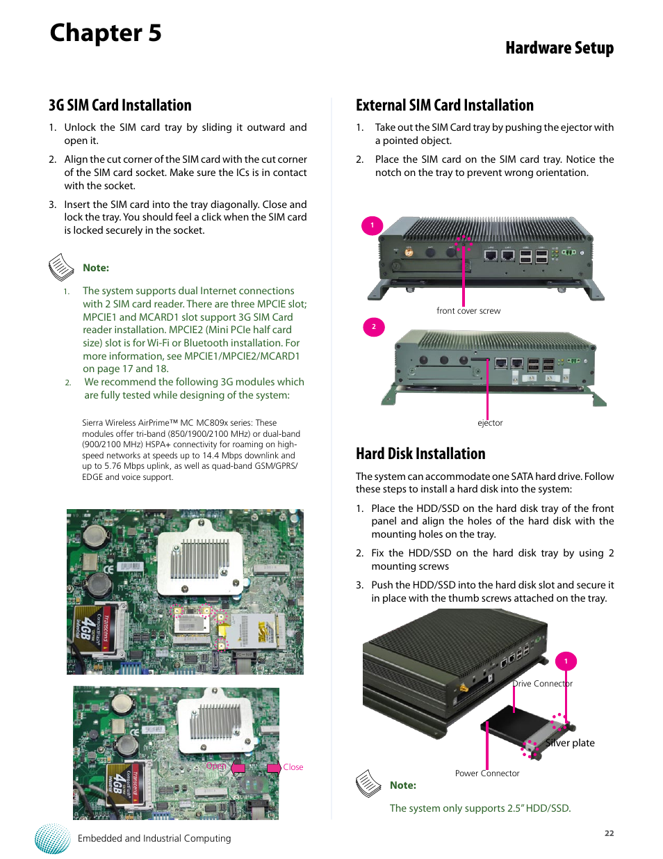 Chapter 5, Hardware setup, External sim card installation | Hard disk installation, 3g sim card installation | Lanner LVC-5550S User Manual | Page 22 / 41