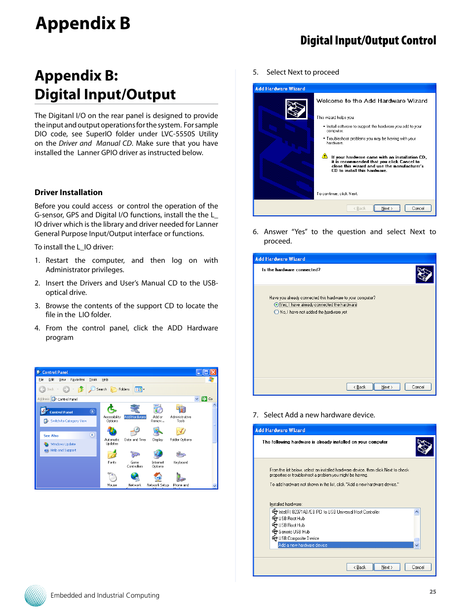 Appendix b, Appendix b: digital input/output, Digital input/output control | Lanner LVC-5550S User Manual | Page 25 / 41