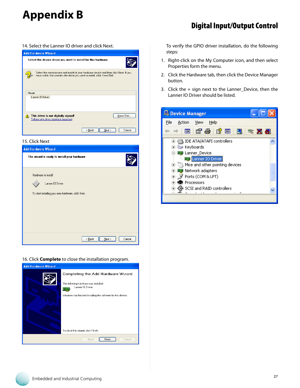 Appendix b, Digital input/output control | Lanner LVC-5550S User Manual | Page 27 / 41