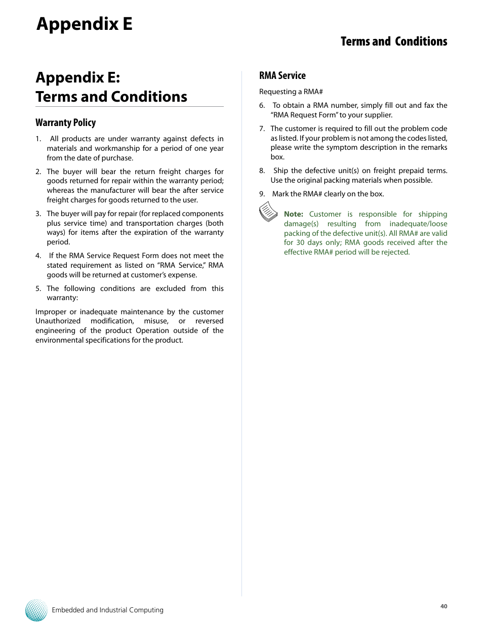 Appendix e, Appendix e: terms and conditions, Terms and conditions | Warranty policy, Rma service | Lanner LVC-5550S User Manual | Page 40 / 41