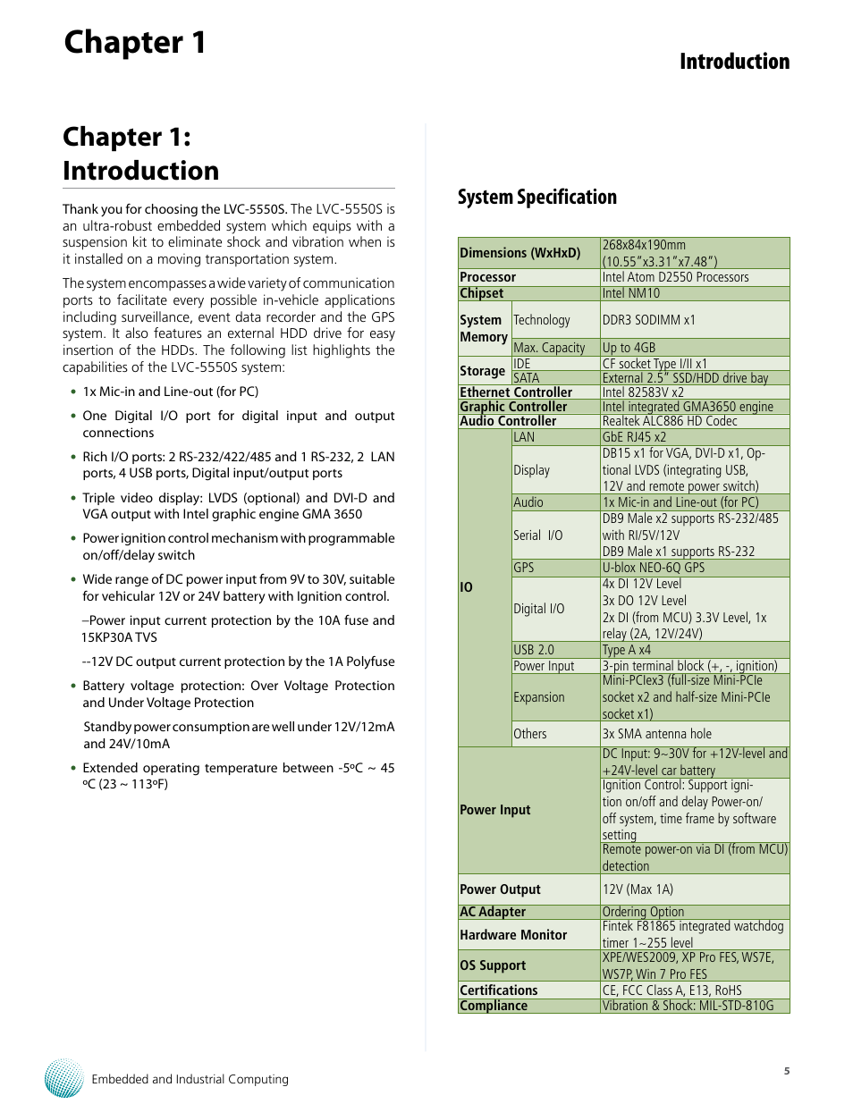 Chapter 1, Chapter 1: introduction, Introduction | System specification | Lanner LVC-5550S User Manual | Page 5 / 41