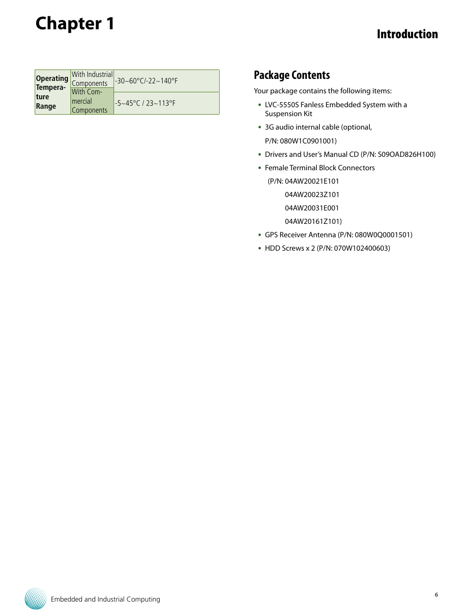 Chapter 1, Introduction, Package contents | Lanner LVC-5550S User Manual | Page 6 / 41