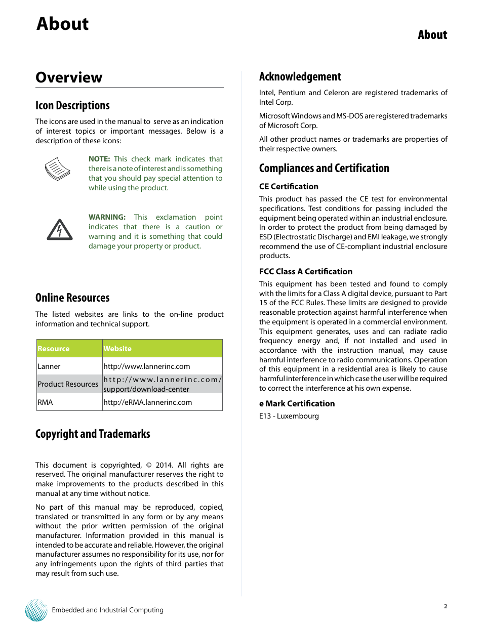 Overview, About, Icon descriptions | Online resources, Copyright and trademarks, Acknowledgement, Compliances and certification | Lanner LVC-5570 User Manual | Page 2 / 48