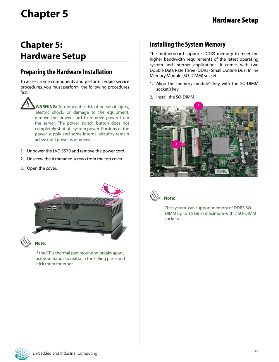 Chapter 5, Chapter 5: hardware setup, Hardware setup | Preparing the hardware installation | Lanner LVC-5570 User Manual | Page 29 / 48