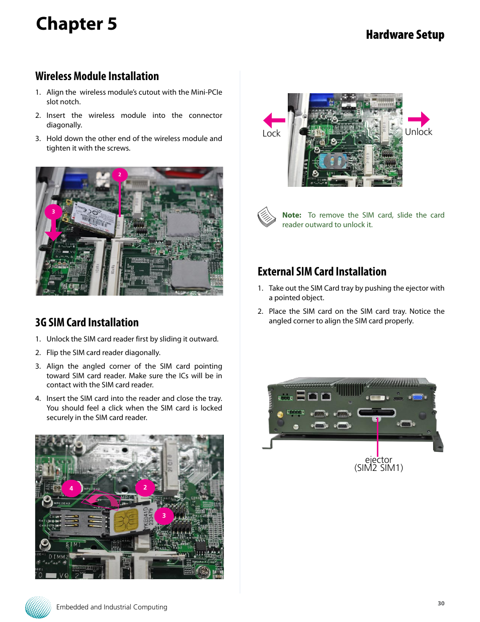 Chapter 5, Hardware setup, External sim card installation | Wireless module installation, 3g sim card installation | Lanner LVC-5570 User Manual | Page 30 / 48