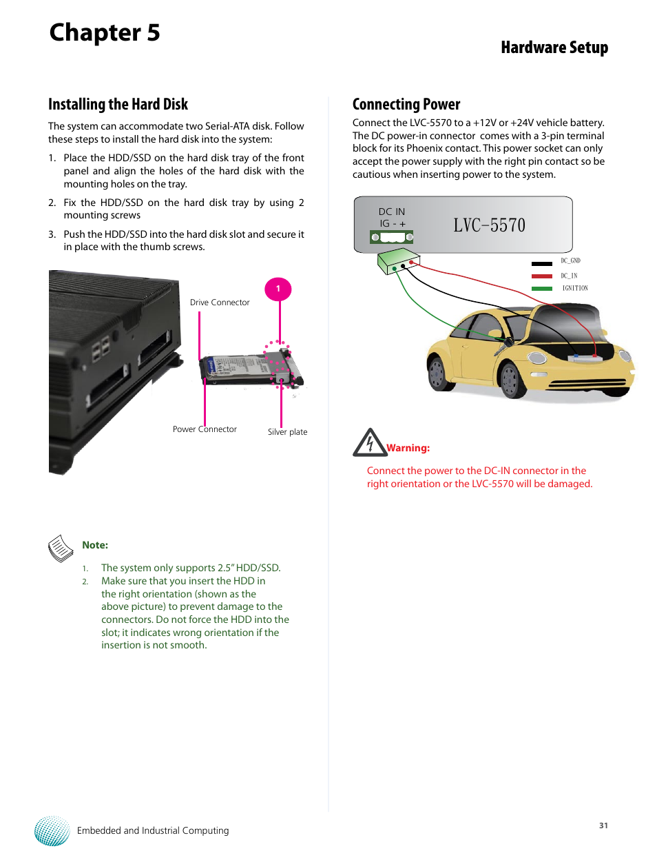 Chapter 5, Hardware setup, Lvc-5570 | Installing the hard disk, Connecting power | Lanner LVC-5570 User Manual | Page 31 / 48