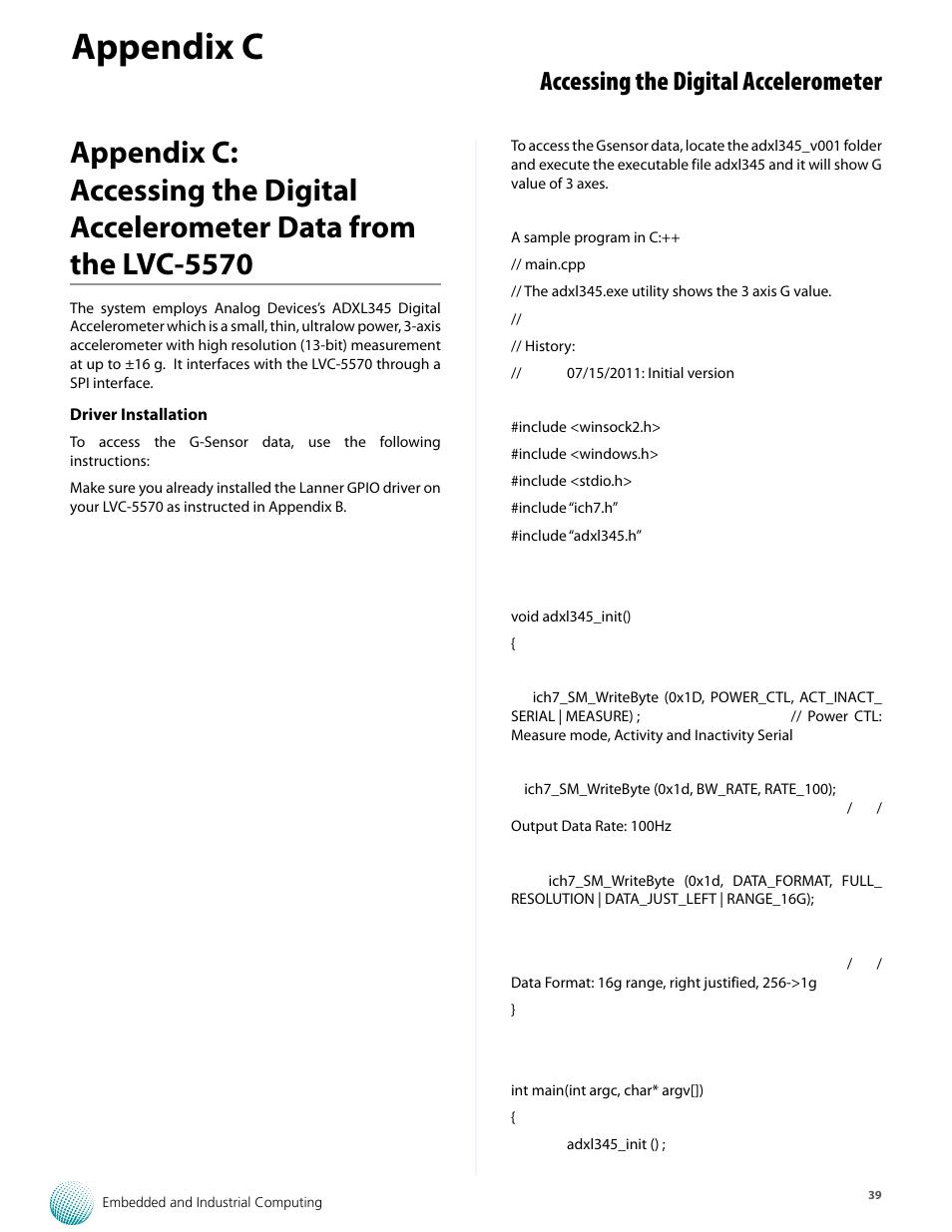 Appendix c, Accessing the digital accelerometer | Lanner LVC-5570 User Manual | Page 39 / 48