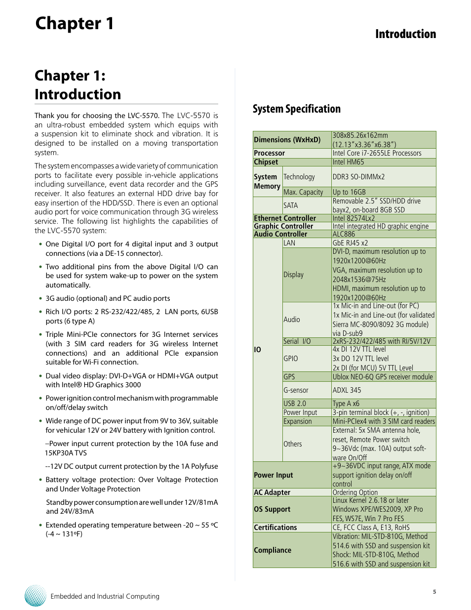 Chapter 1, Chapter 1: introduction, Introduction | System specification | Lanner LVC-5570 User Manual | Page 5 / 48