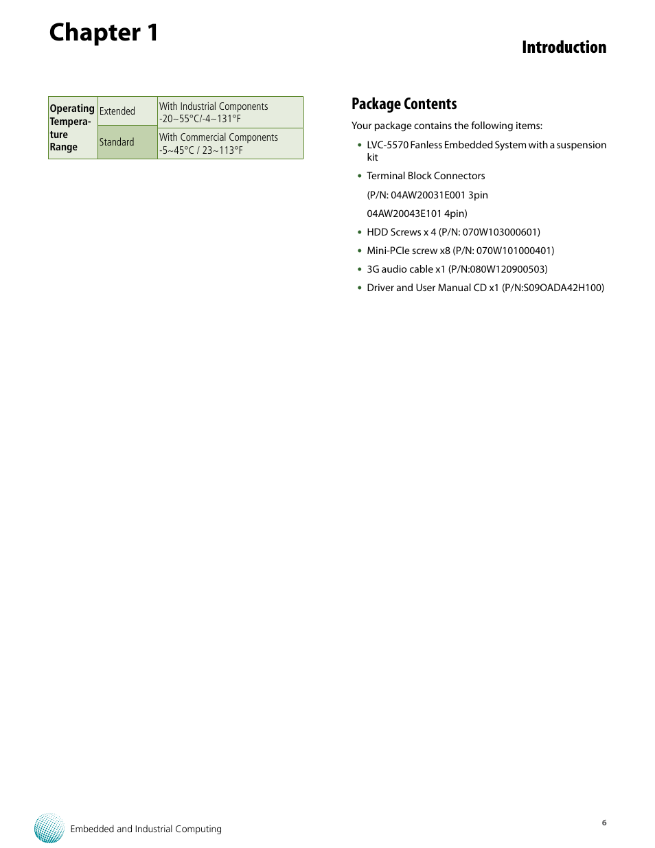 Chapter 1, Introduction, Package contents | Lanner LVC-5570 User Manual | Page 6 / 48