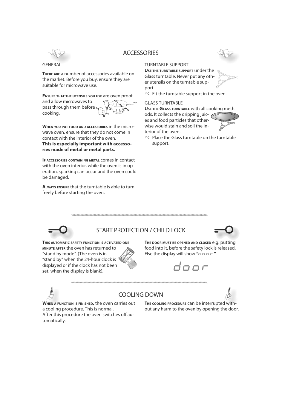 Door, Accessories, Start protection / child lock | Cooling down | CDA MC50 User Manual | Page 5 / 16
