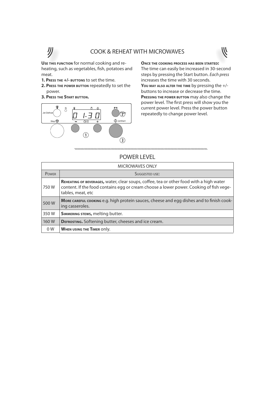 Cook & reheat with microwaves, Power level | CDA MC50 User Manual | Page 7 / 16