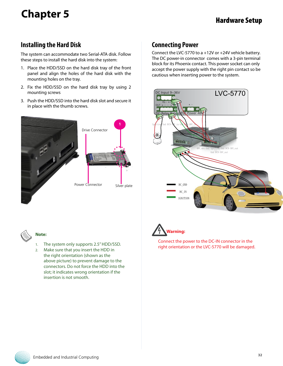 Chapter 5, Hardware setup, Installing the hard disk | Connecting power, Lvc-5770 | Lanner LVC-5770 User Manual | Page 32 / 49
